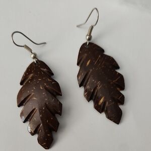 Natural Brown Coconut Leaf Dangle Earrings